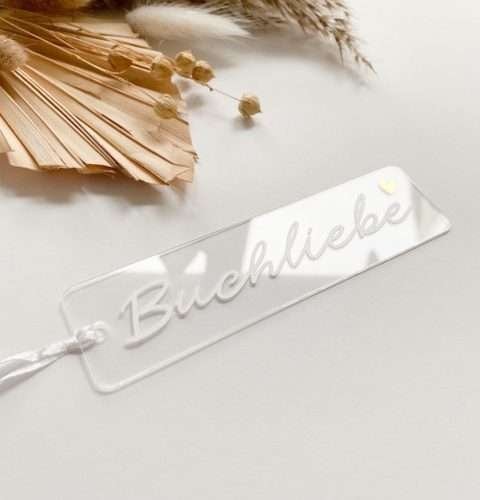 christliches Produkt Kleines Lesezeichen aus Acrylglas | mit Satinband in Weiß | Buchliebe