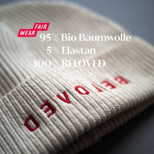 christliches Produkt BELOVED Beanie | Natural | Fairwear | 95% Bio-Baumwolle | Mirrored Collection